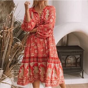 Spell & The Gypsy Poinciana Gown Midi Dress Large Boho Red Floral Tiger Print
